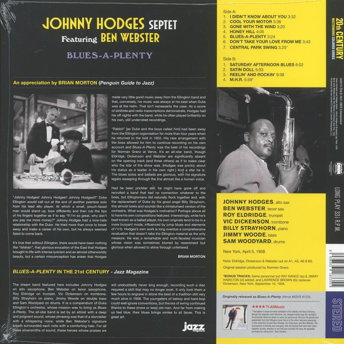 Johnny Hodges Septet, Ben Webster - Blues-A-Plenty (+2 bonus tracks) (ltd. ed.) (180g) (red vinyl) Vinyl Record