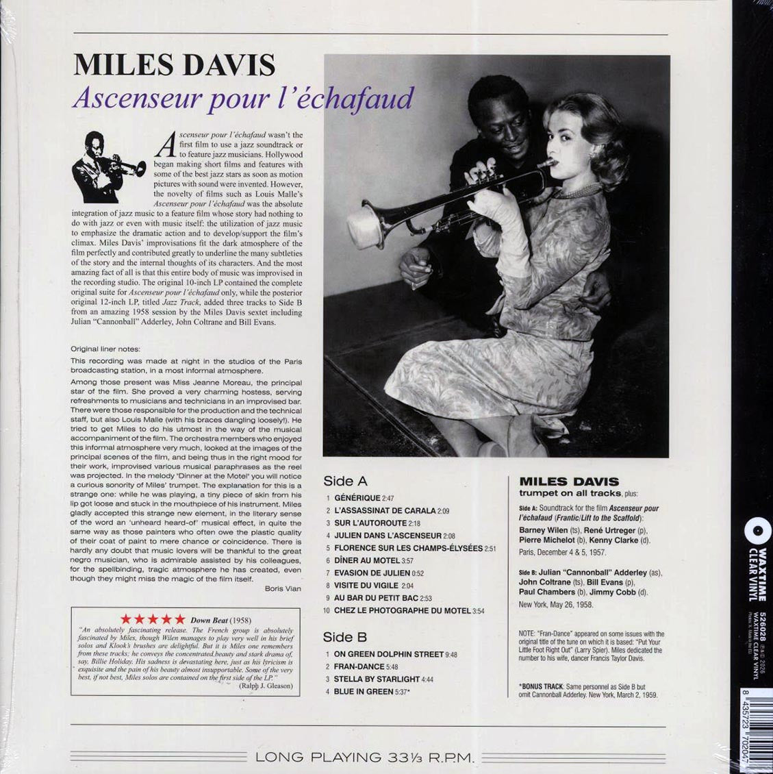 Miles Davis - Ascenseur Pour L'Echafaud (+bonus track) (ltd. ed.) (180g) (clear vinyl) Vinyl Record