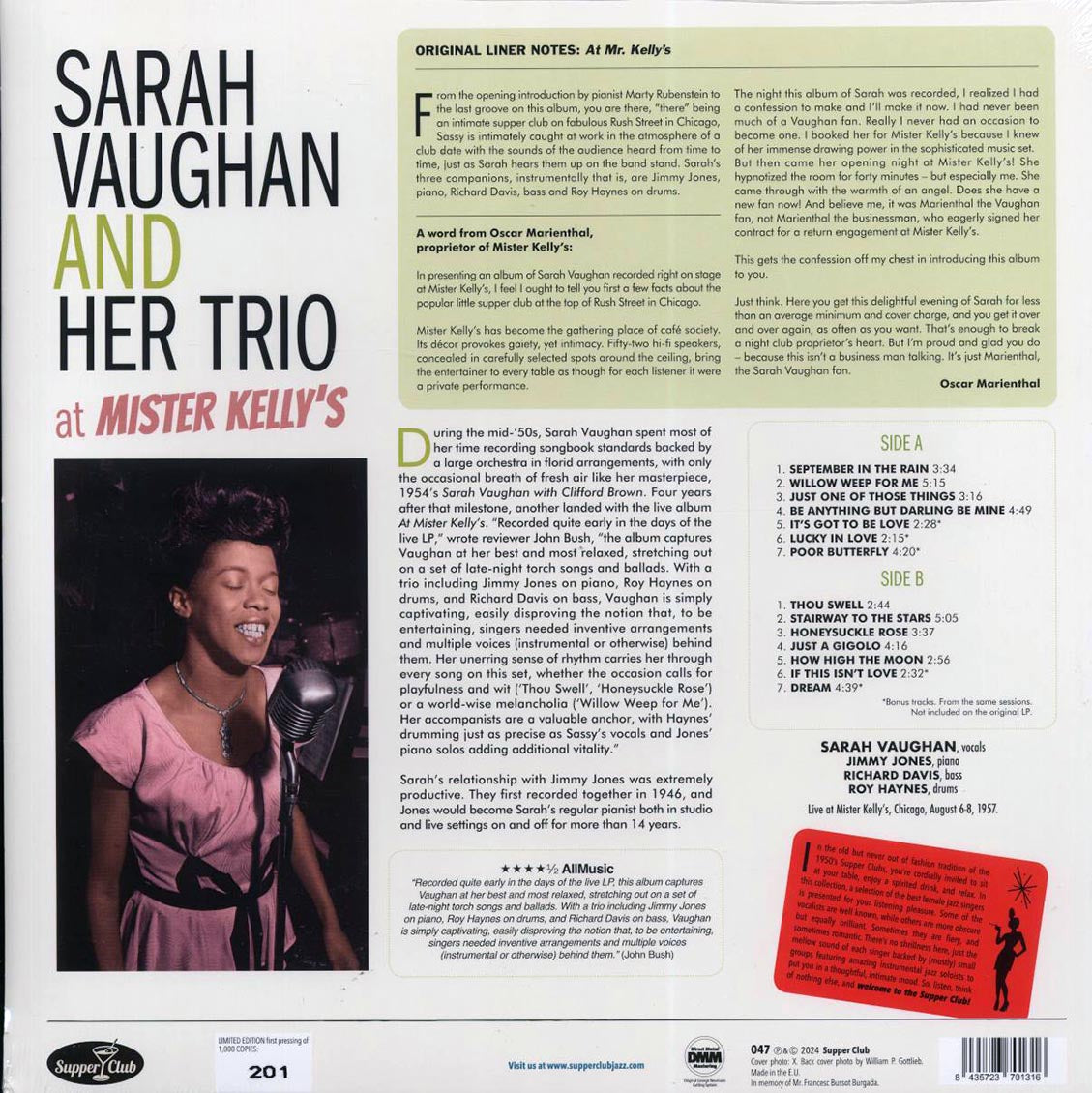 Sarah Vaughan & Her Trio - At Mister Kelly's (+5 bonus tracks) (ltd. ed.) (180g) Vinyl Record