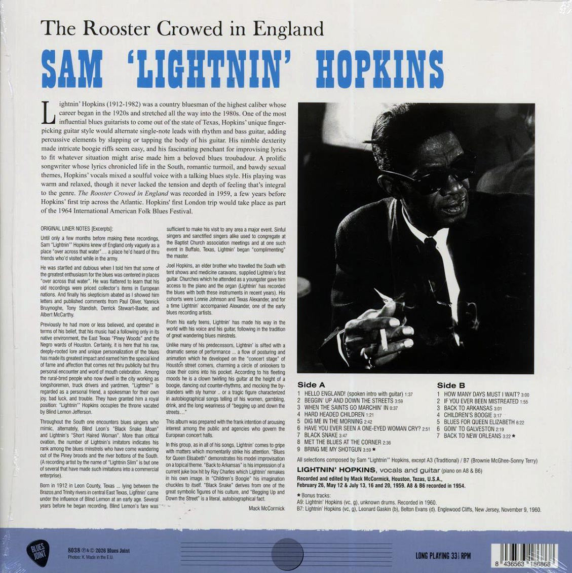 Lightnin' Hopkins - The Rooster Crowed in England (+2 bonus tracks) (ltd. ed.) (180g) Vinyl Record