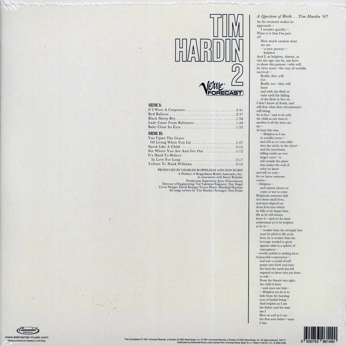 Tim Hardin - Tim Hardin 2 (ltd. ed.) (180g) Vinyl Record