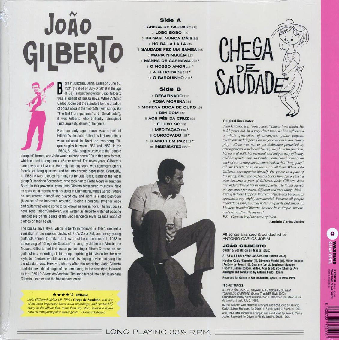 Joao Gilberto - Chega De Saudade (20 tracks) (+8 bonus tracks) (ltd. ed.) (180g) (clear vinyl) Vinyl Record