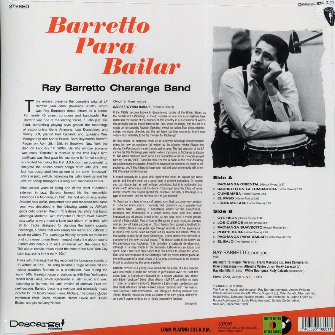 Ray Barretto Charanga Band - Barretto Para Bailar (+bonus track) (ltd. ed.) (180g) Vinyl Record