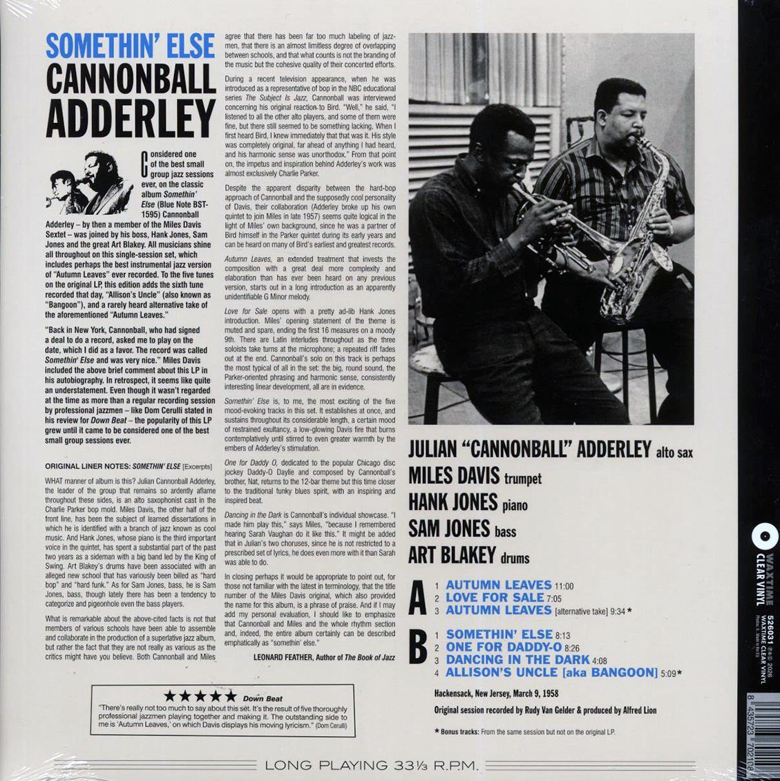 Cannonball Adderley, Miles Davis, Hank Jones, Sam Jones, Art Blakey - Somethin' Else (+2 bonus tracks) (ltd. ed.) (180g) (clear vinyl) Vinyl Record