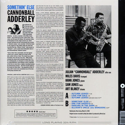 Cannonball Adderley, Miles Davis, Hank Jones, Sam Jones, Art Blakey - Somethin' Else (+2 bonus tracks) (ltd. ed.) (180g) (clear vinyl) Vinyl Record