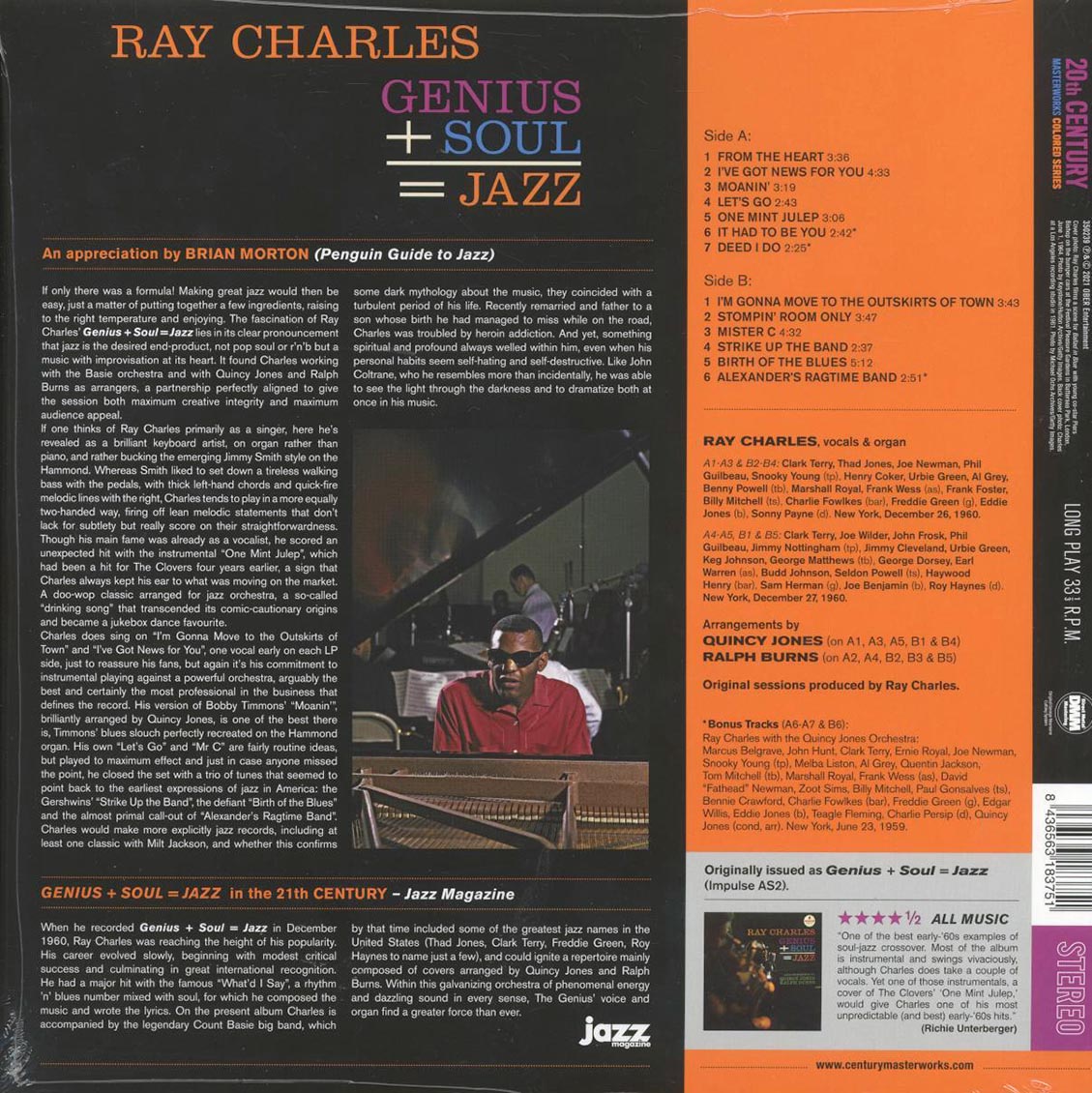 Ray Charles - Genius + Soul = Jazz (+3 bonus tracks) (ltd. ed.) (180g) (orange vinyl) Vinyl Record