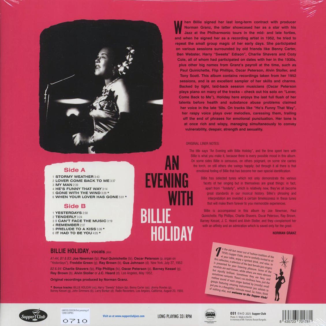 Billie Holiday - An Evening With Billie Holiday (+4 bonus tracks) (ltd. ed.) (180g) Vinyl Record