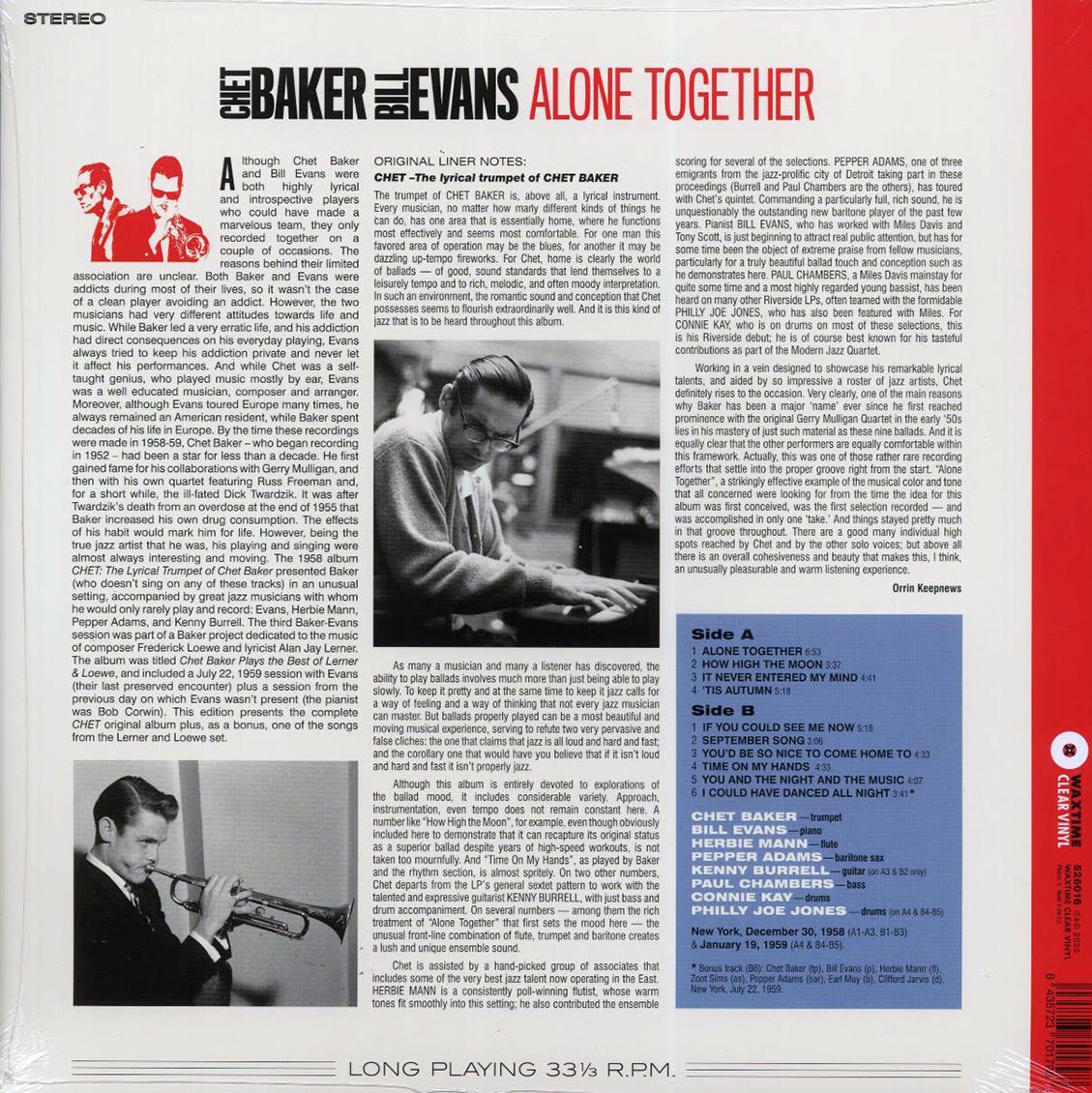 Chet Baker, Bill Evans - Alone Together (+bonus track) (ltd. ed.) (180g) (clear vinyl) Vinyl Record