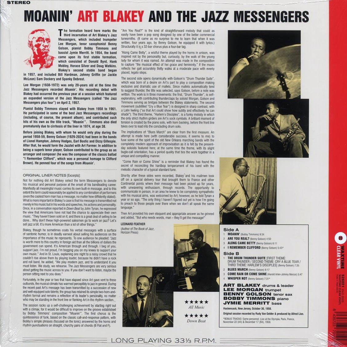 Art Blakey & The Jazz Messengers - Moanin' (+2 bonus tracks) (ltd. ed.) (180g) (clear vinyl) Vinyl Record