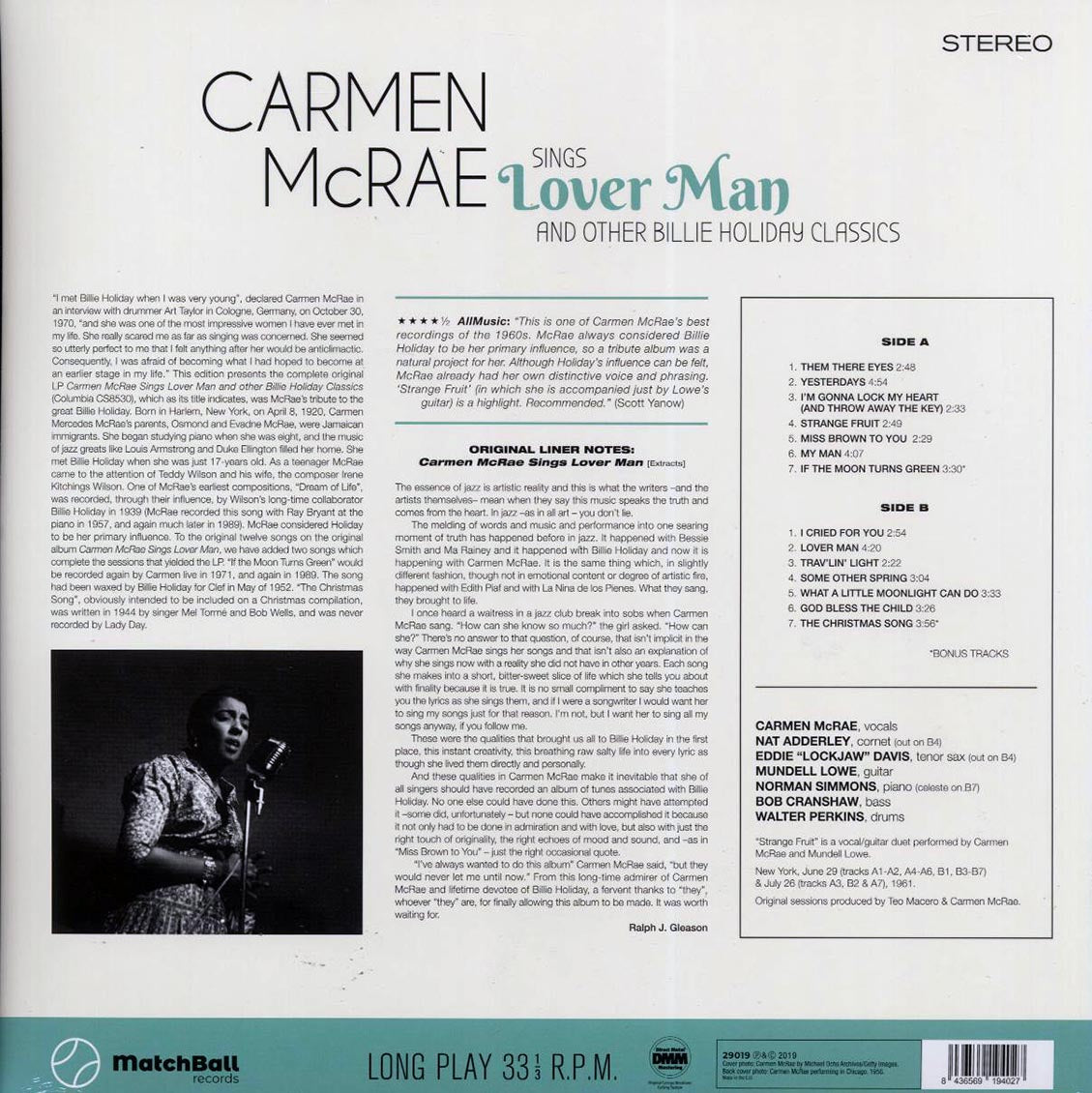 Carmen McRae - Sings Lover Man (+2 bonus tracks) (ltd. ed.) (180g) Vinyl Record