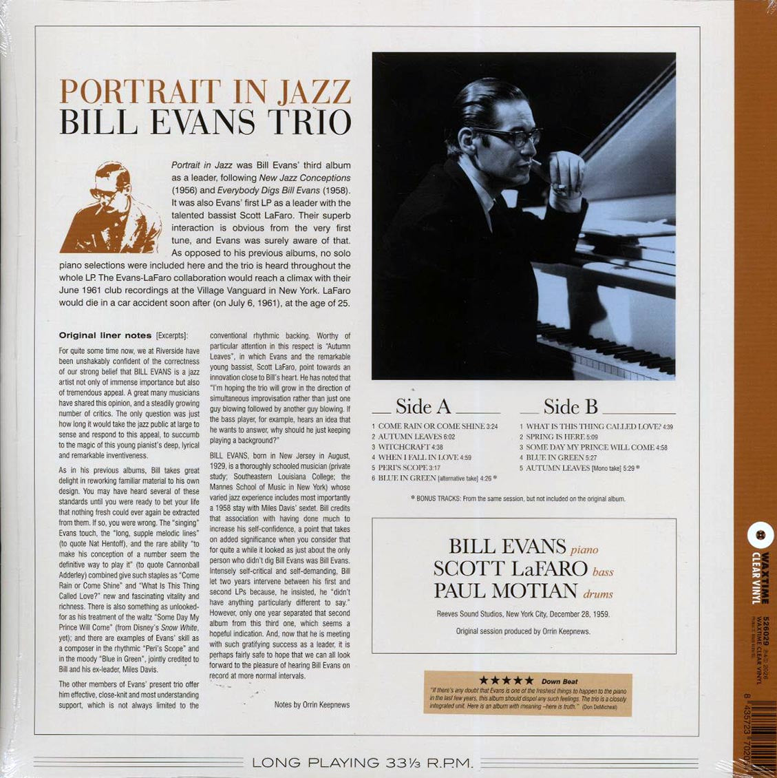 Bill Evans Trio - Portrait In Jazz (+2 bonus tracks) (ltd. ed.) (180g) (clear vinyl) Vinyl Record