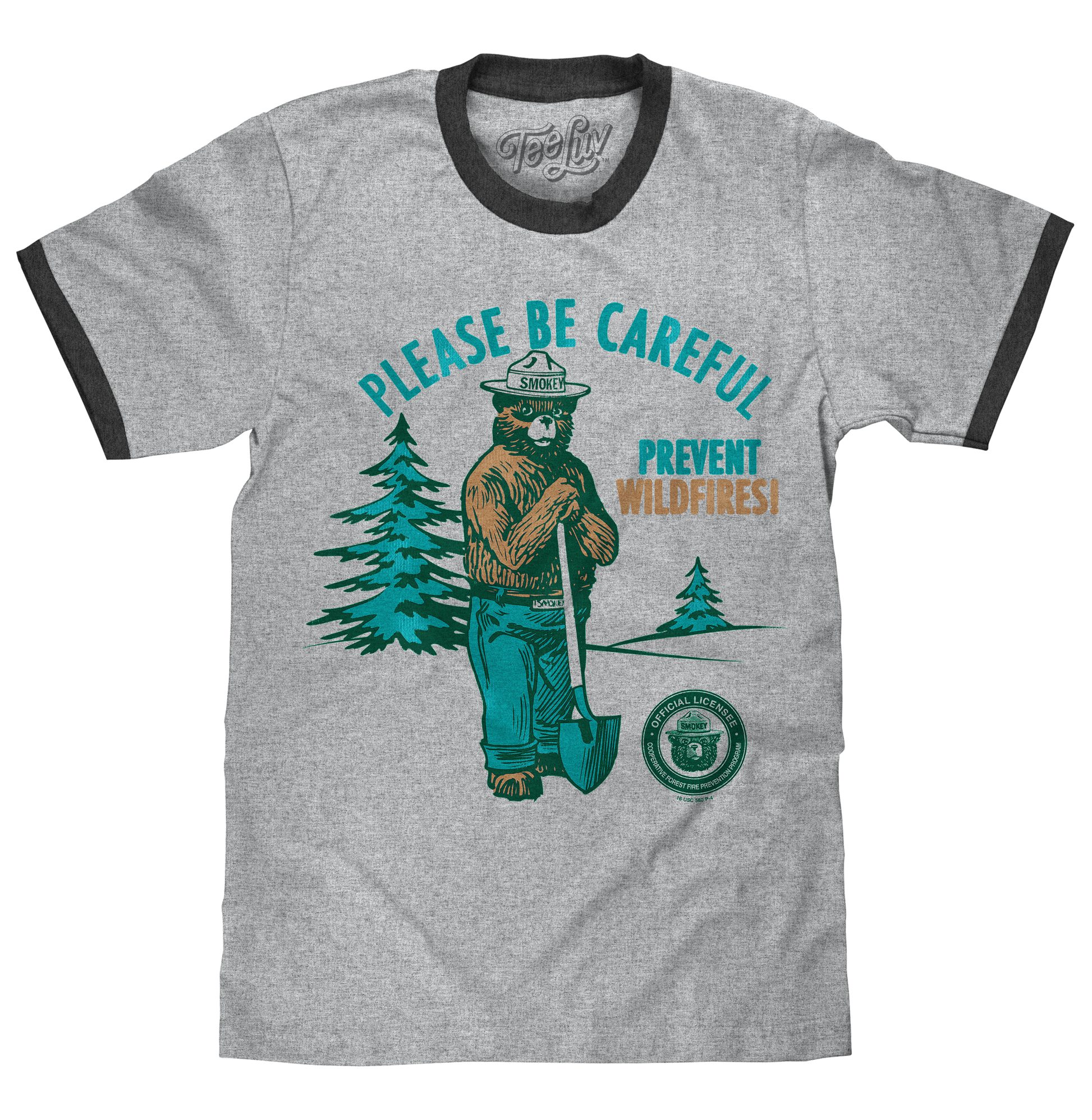 Smokey Bear Please Be Careful Prevent Wildfires Ringer Mens T Shirt Officially Licensed Gray and Black