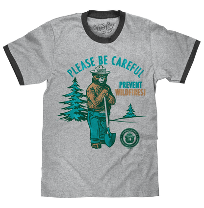 Smokey Bear Please Be Careful Prevent Wildfires Ringer Mens T Shirt Officially Licensed Gray and Black