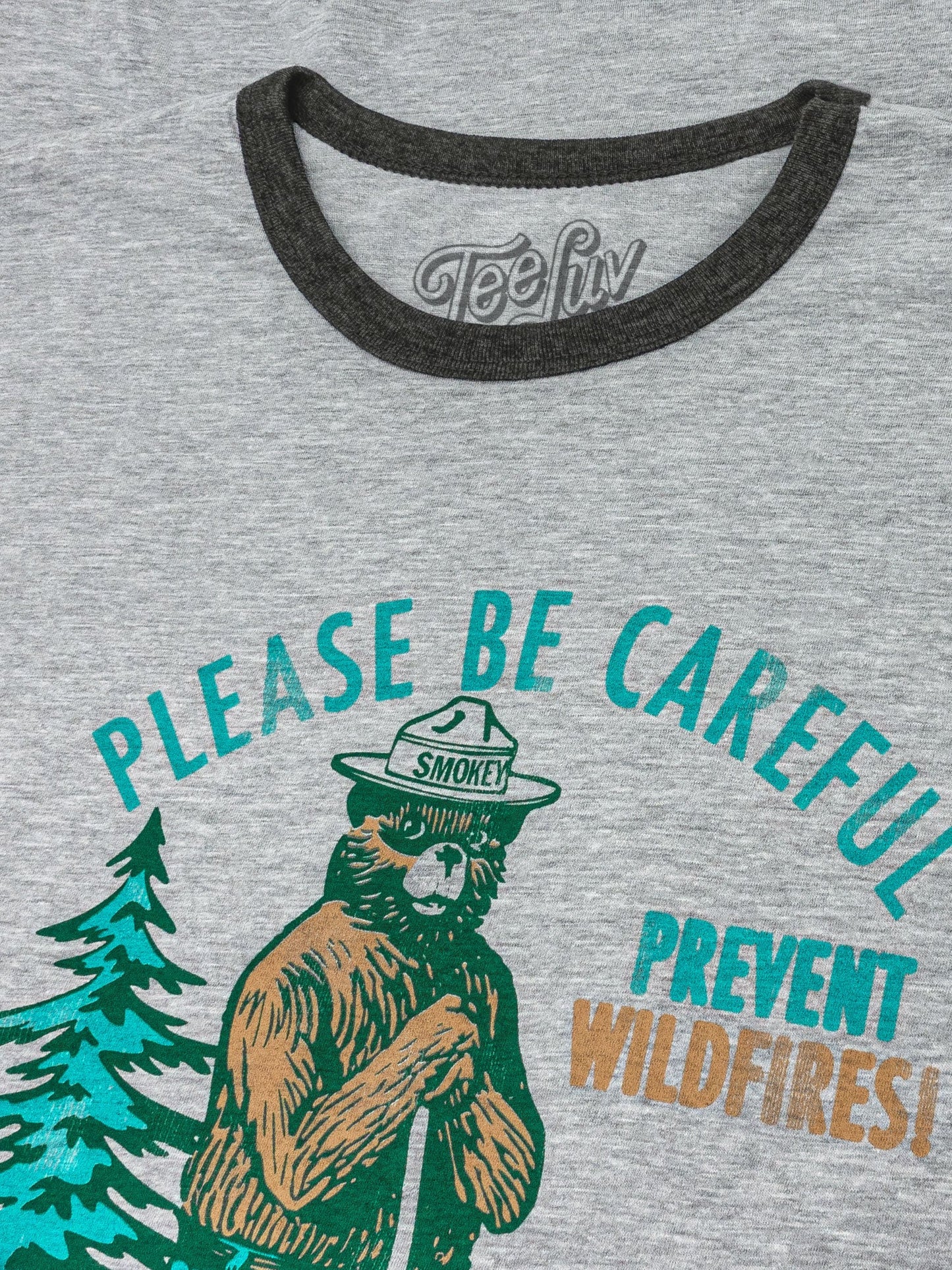 Smokey Bear Please Be Careful Prevent Wildfires Ringer Mens T Shirt Officially Licensed Gray and Black