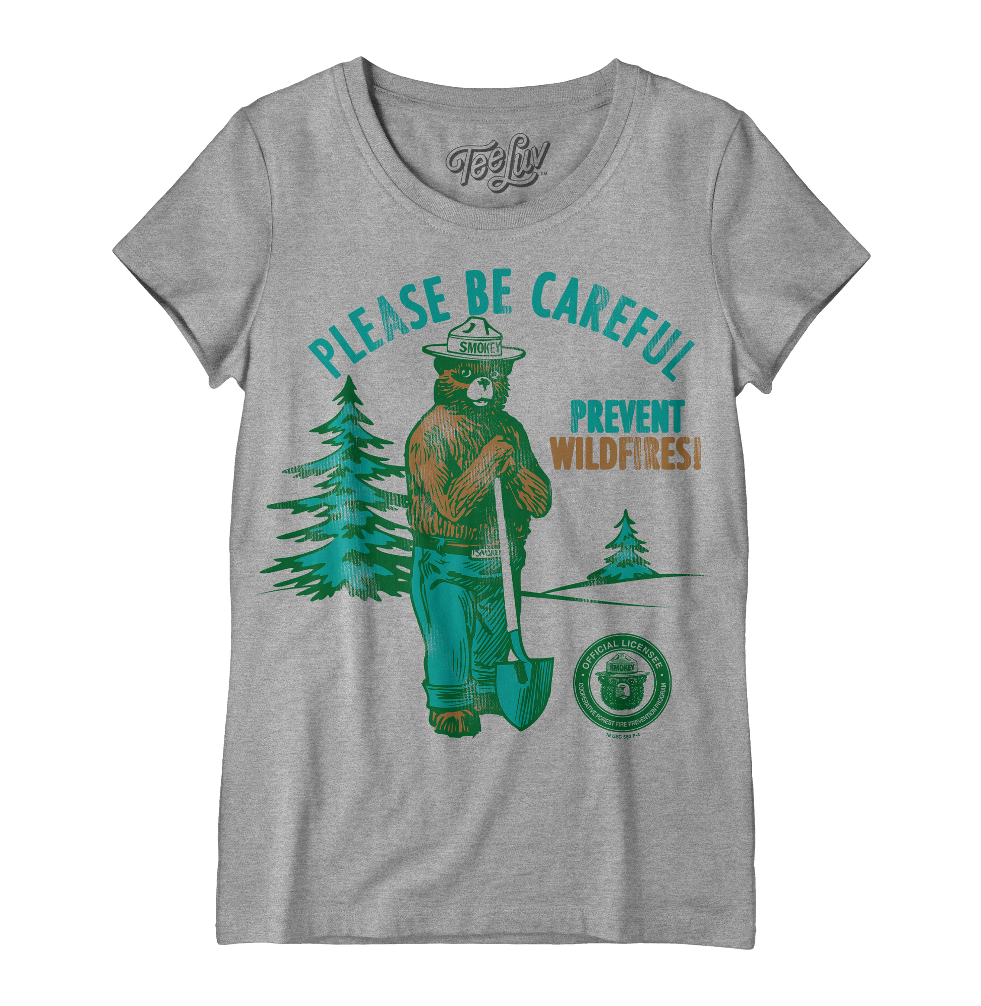 Smokey Bear Please Be Careful Prevent Wildfires  Women's Scoopneck Mens T Shirt Officially Licensed Gray