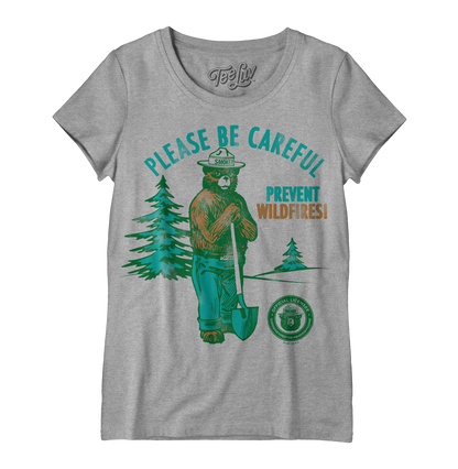 Smokey Bear Please Be Careful Prevent Wildfires  Women's Scoopneck Mens T Shirt Officially Licensed Gray