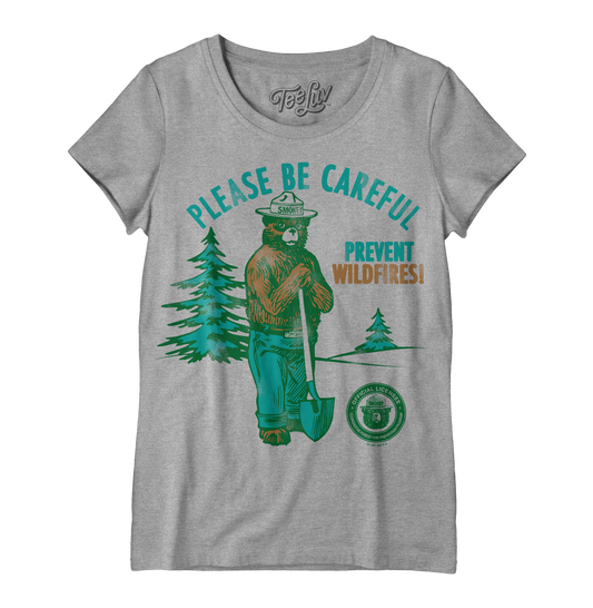 Smokey Bear Please Be Careful Prevent Wildfires  Women's Scoopneck Mens T Shirt Officially Licensed Gray