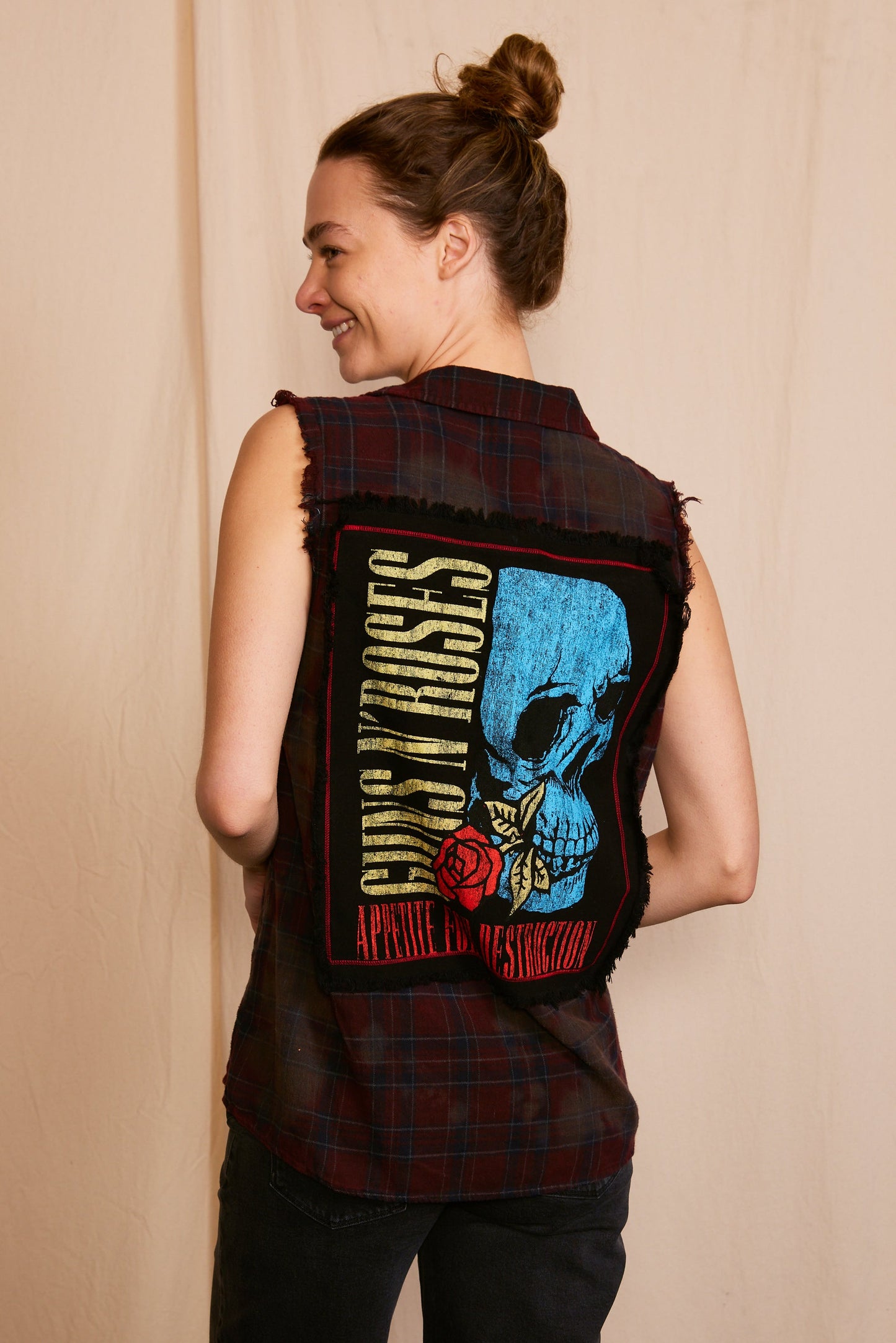 Guns N Roses Flower Skull Cut Off Flannel Womens Tank Top Shirt Red