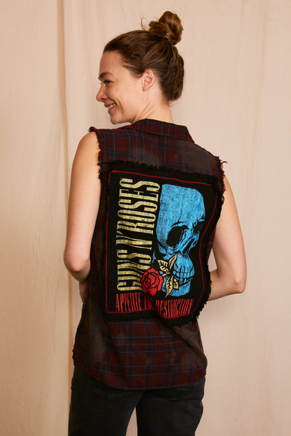 Guns N Roses Flower Skull Cut Off Flannel Womens Tank Top Shirt Red