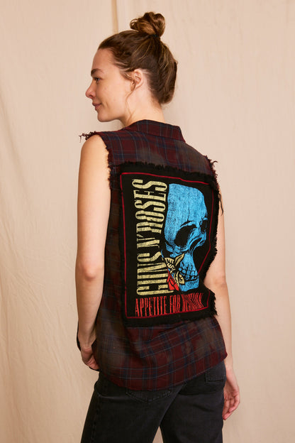 Guns N Roses Flower Skull Cut Off Flannel Womens Tank Top Shirt Red