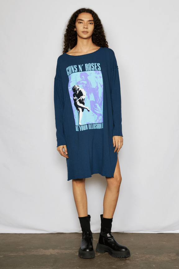 Guns N Roses Illusion Womens Slit Dress Tee Shirt Blue