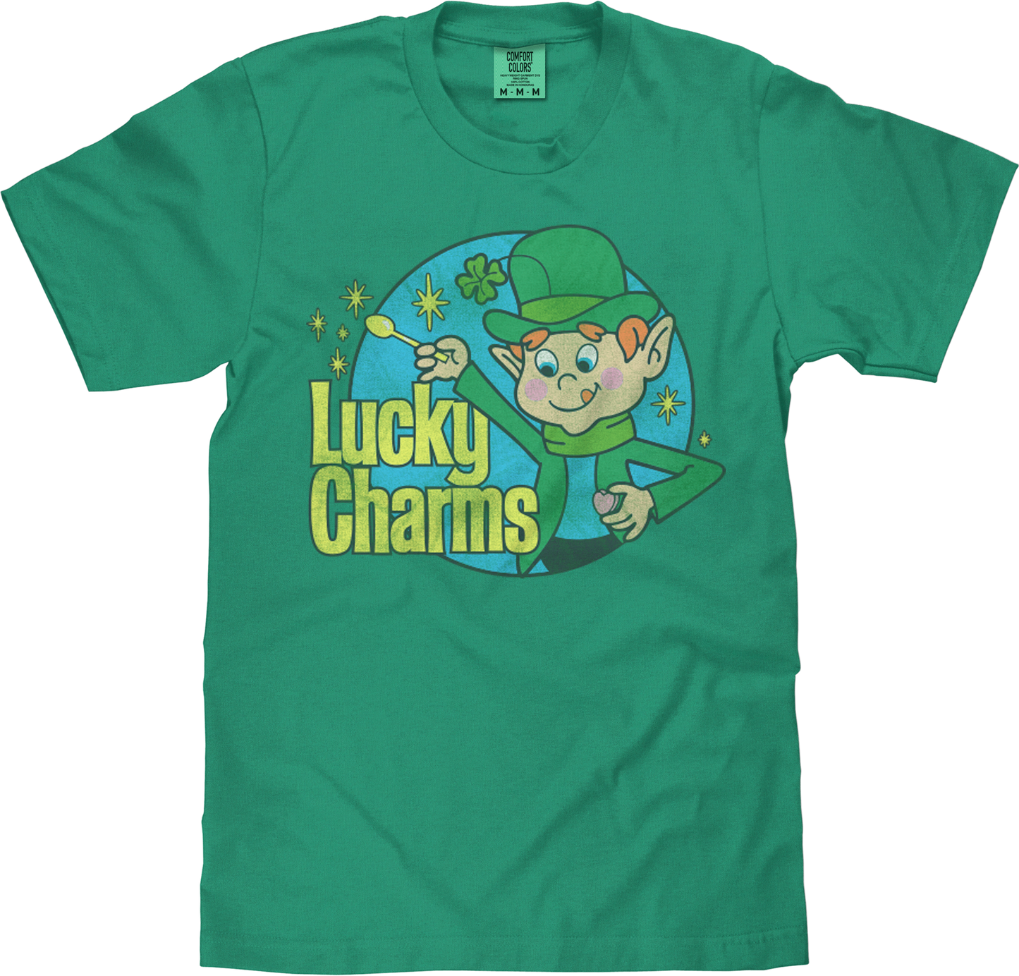 Tee Luv x Comfort Colors 70s Lucky Charms Cereal Leprechaun Mens T Shirt Officially Licensed Grass Green