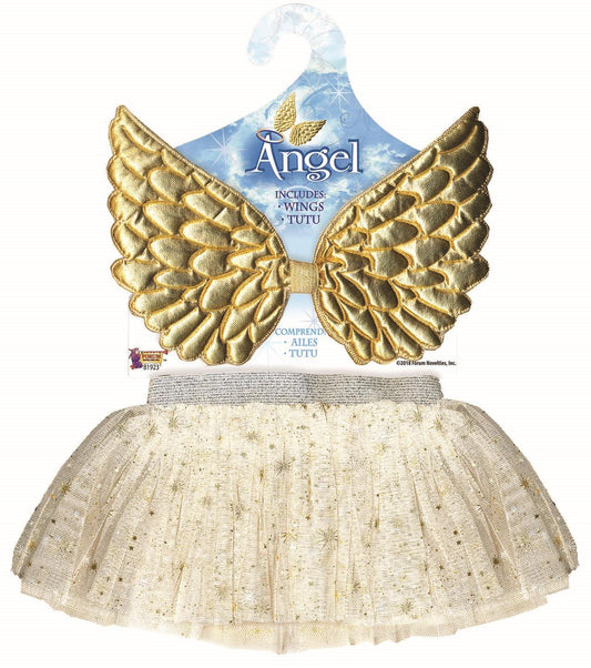 Gold Glitter Angel Wings and Tutu Skirt Child Costume Kit