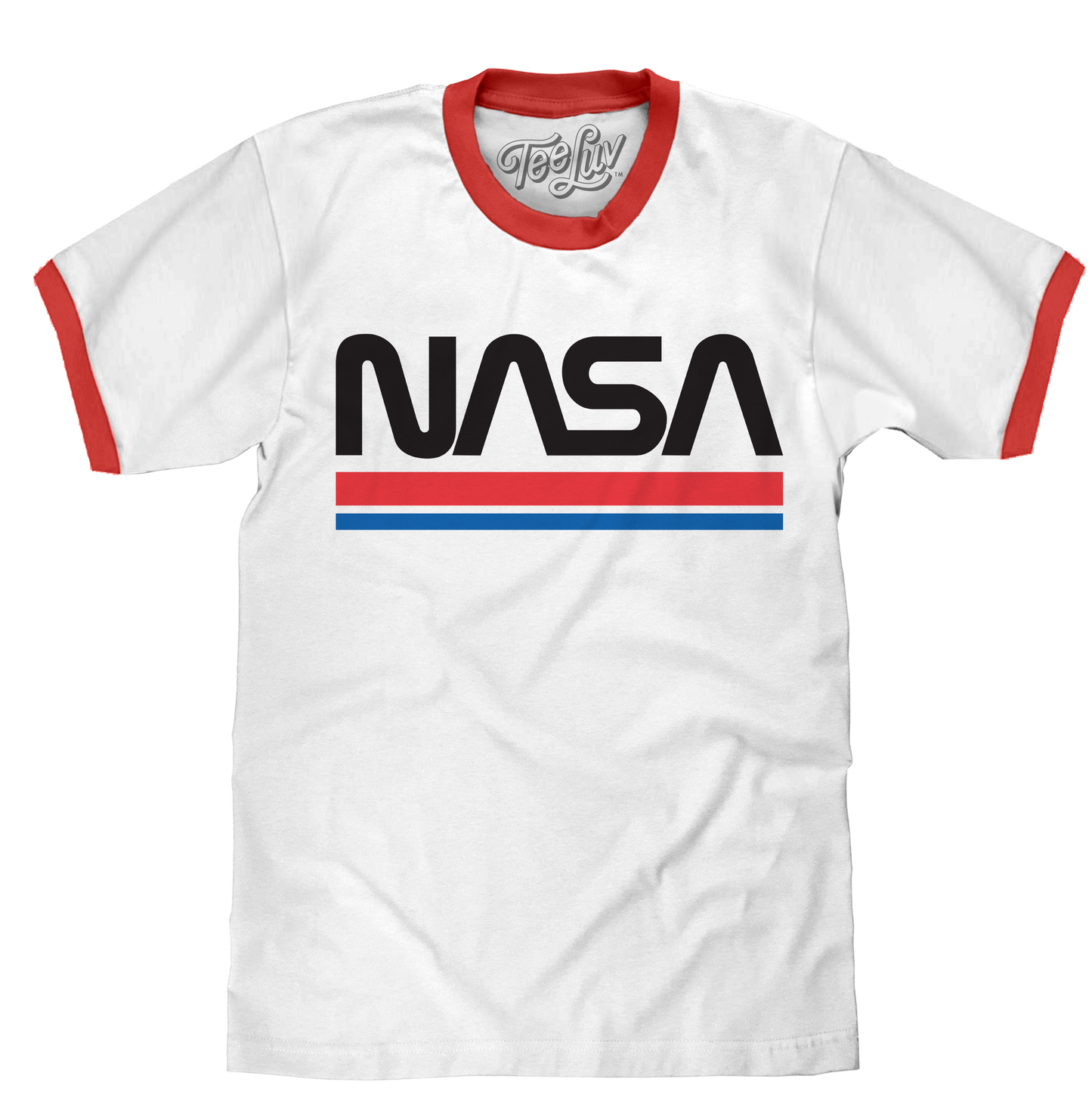 NASA Worm Logo Ringer Mens T Shirt Officially Licensed White and Red