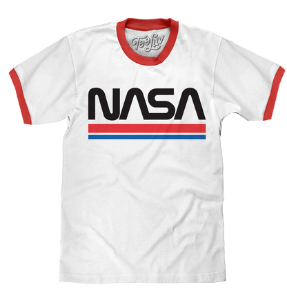 NASA Worm Logo Ringer Mens T Shirt Officially Licensed White and Red