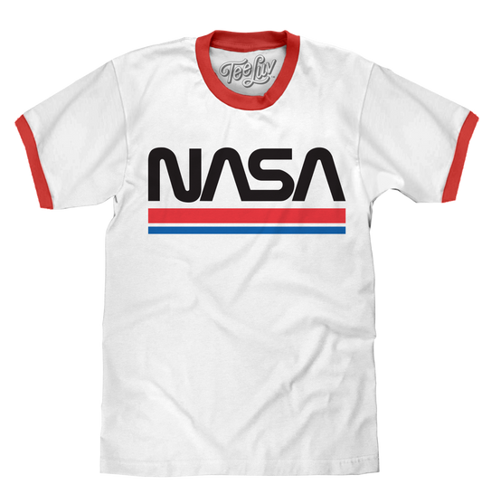 NASA Worm Logo Ringer Mens T Shirt Officially Licensed White and Red