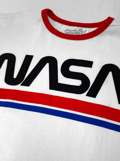 NASA Worm Logo Ringer Mens T Shirt Officially Licensed White and Red