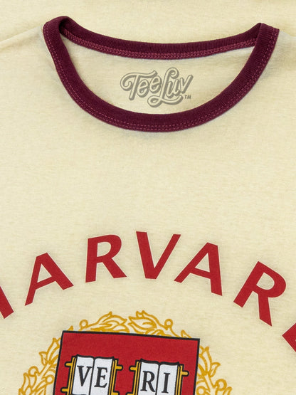 Harvard University Veritas Ringer Mens T Shirt Officially Licensed Natural Beige and Maroon