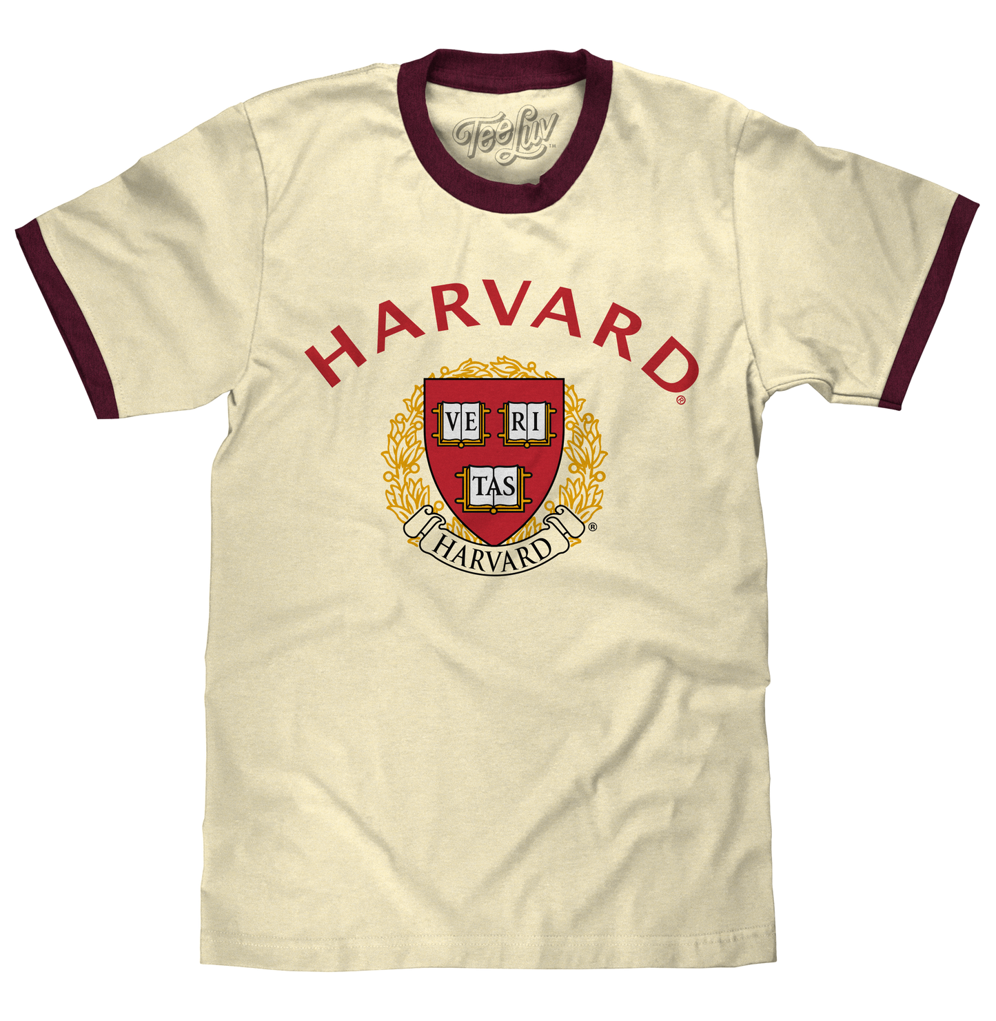 Harvard University Veritas Ringer Mens T Shirt Officially Licensed Natural Beige and Maroon