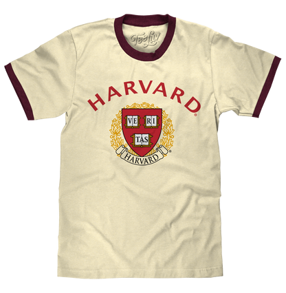 Harvard University Veritas Ringer Mens T Shirt Officially Licensed Natural Beige and Maroon
