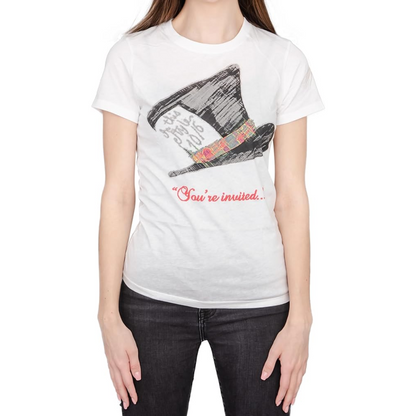 Alice in Wonderland Mad Hatter Hat You're Invited Juniors White T Shirt Tee