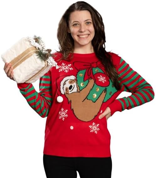 Sloth Santa Hat Hanging on Gift Ball Ornament Women's Juniors Ugly Christmas Sweater