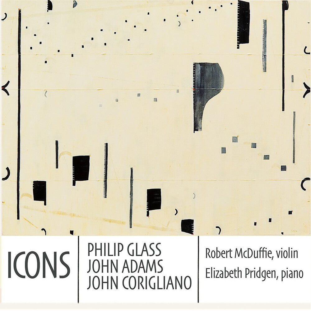 the album cover for Robert Mcduffie  / Pridgen,Elizabeth - Icons: Philip Glass John Adams & John Corigliano