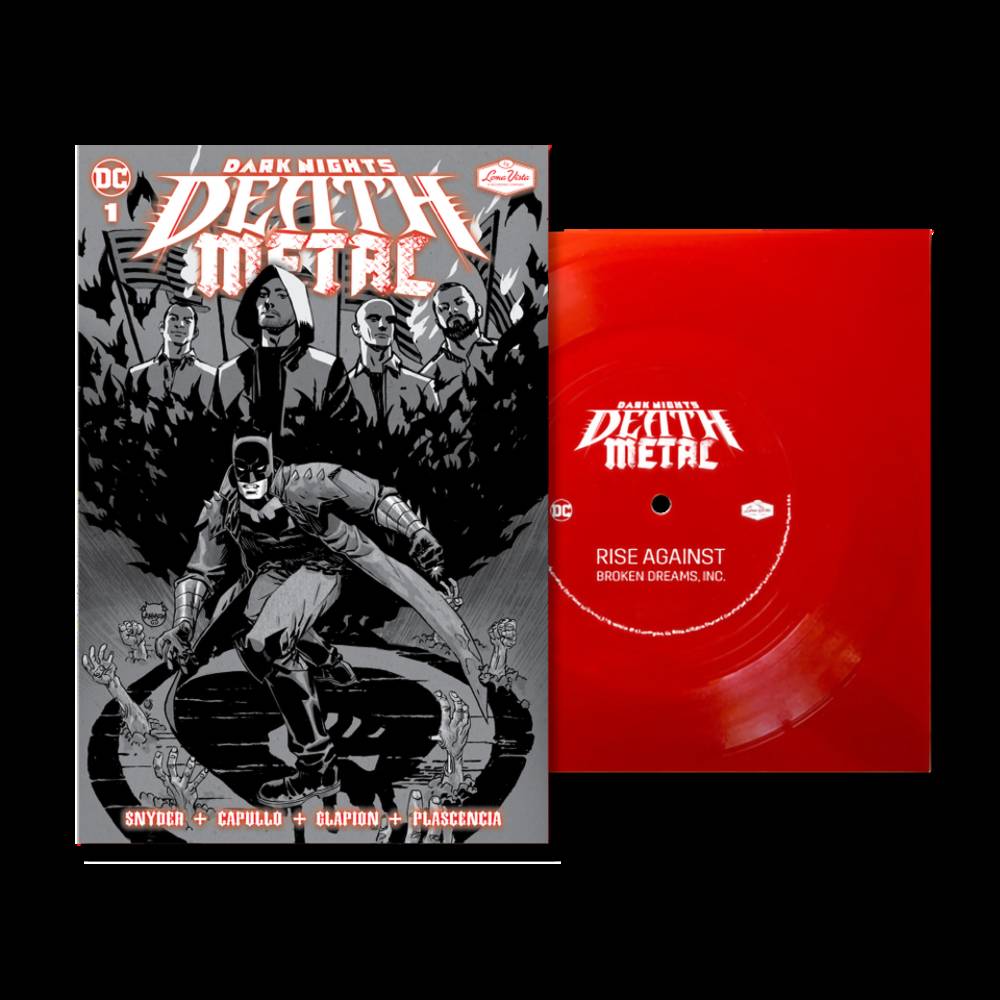the album cover for Rise Against - Dark Nights: Death Metal #1 Soundtrack Special Edition - Rise Against with Flexi Single 'Broken Dreams, Inc'