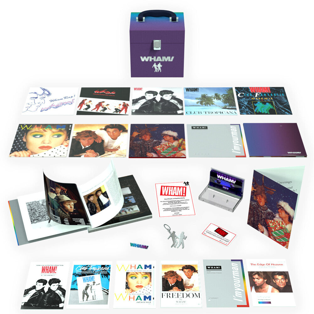 the album cover for Wham! - The Singles : Echoes From The Edge Of Heaven [7in Box Set]