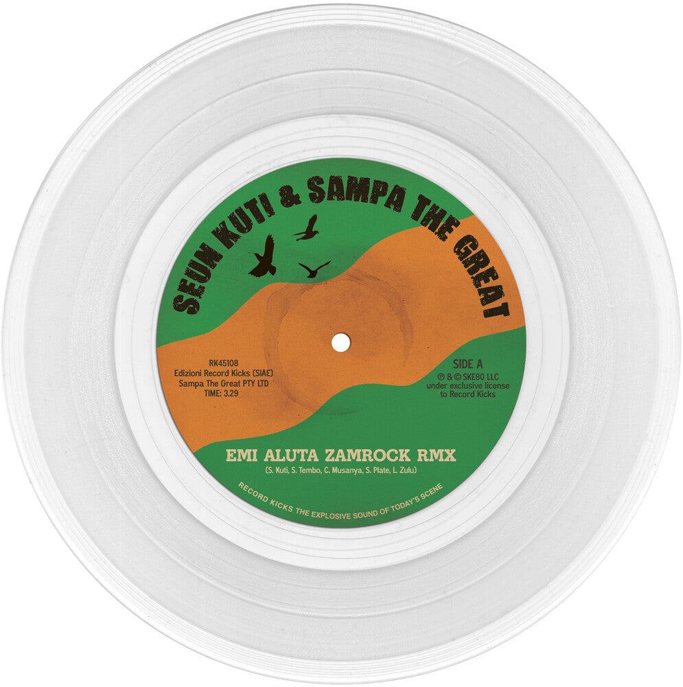 the album cover for Seun Kuti  / Egypt 80 / Sampa The Great - Emi Aluta Zamrock Remix / Emi Aluta 45 Edit [Clear Vinyl]