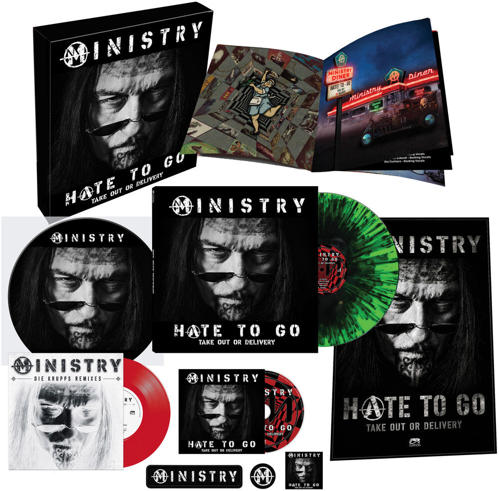 the album cover for Ministry - Hate To Go - Take Out Or Delivery [Deluxe Box - Black/Green Splatter]