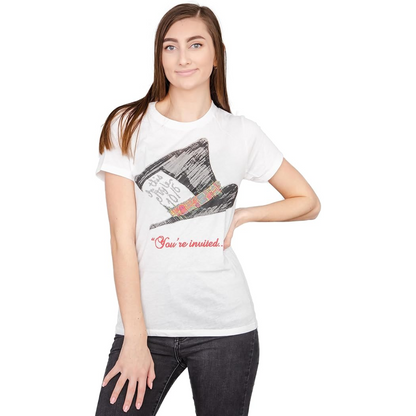 Alice in Wonderland Mad Hatter Hat You're Invited Juniors White T Shirt Tee