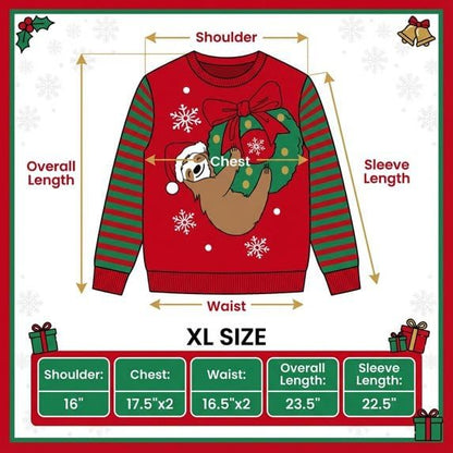 Sloth Santa Hat Hanging on Gift Ball Ornament Women's Juniors Ugly Christmas Sweater