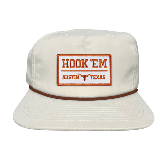 Texas Longhorns HOOK'EM Austin Texas / White - Burnt Orange Rectangle Patch / Hats / 111 / UT9097w / MM Hat