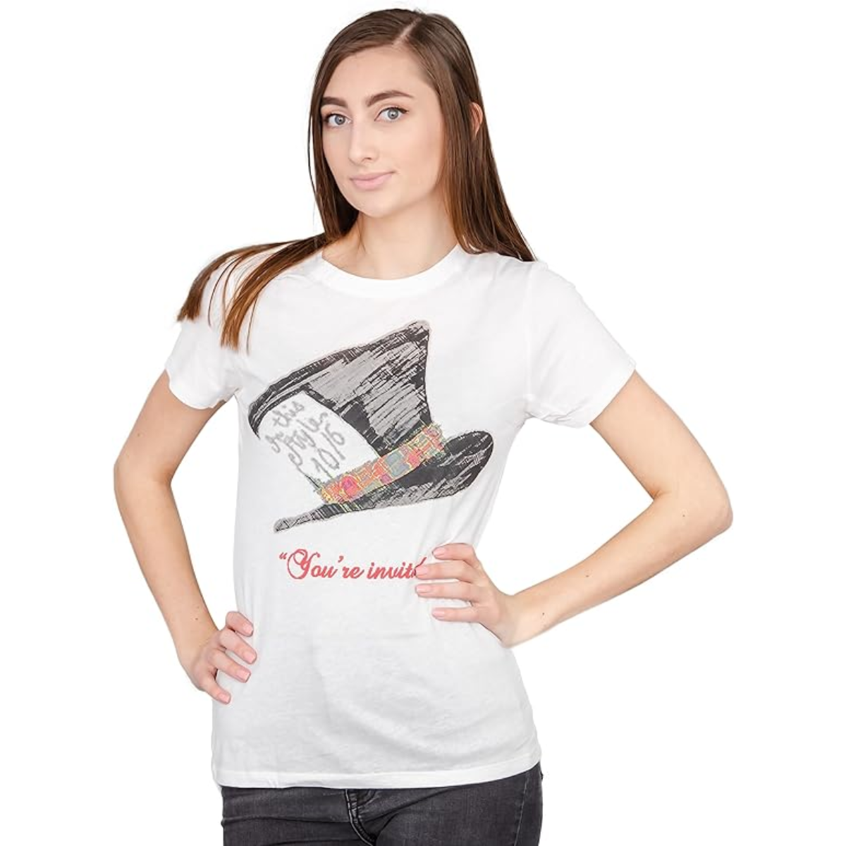 Alice in Wonderland Mad Hatter Hat You're Invited Juniors White T Shirt Tee