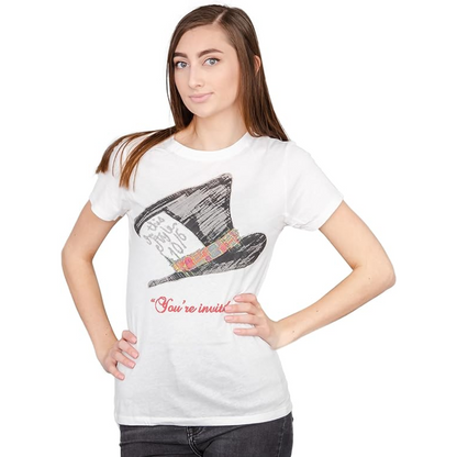 Alice in Wonderland Mad Hatter Hat You're Invited Juniors White T Shirt Tee