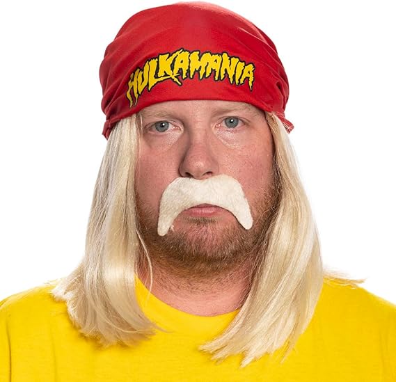 Red 1980s Mania Unisex Halloween Cosplay Costume Accessory Kit (Bandana w/ Wig\Moustache)