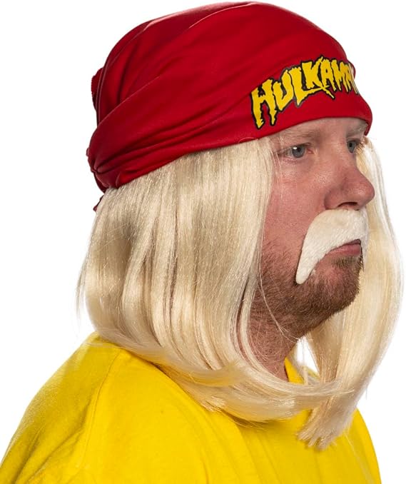 Red 1980s Mania Unisex Halloween Cosplay Costume Accessory Kit (Bandana w/ Wig\Moustache)
