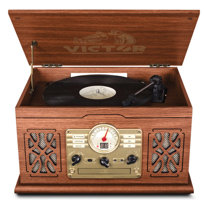 Victor State 7-in-1 Wood Music Center with 3-Speed Turntable and Dual Bluetooth