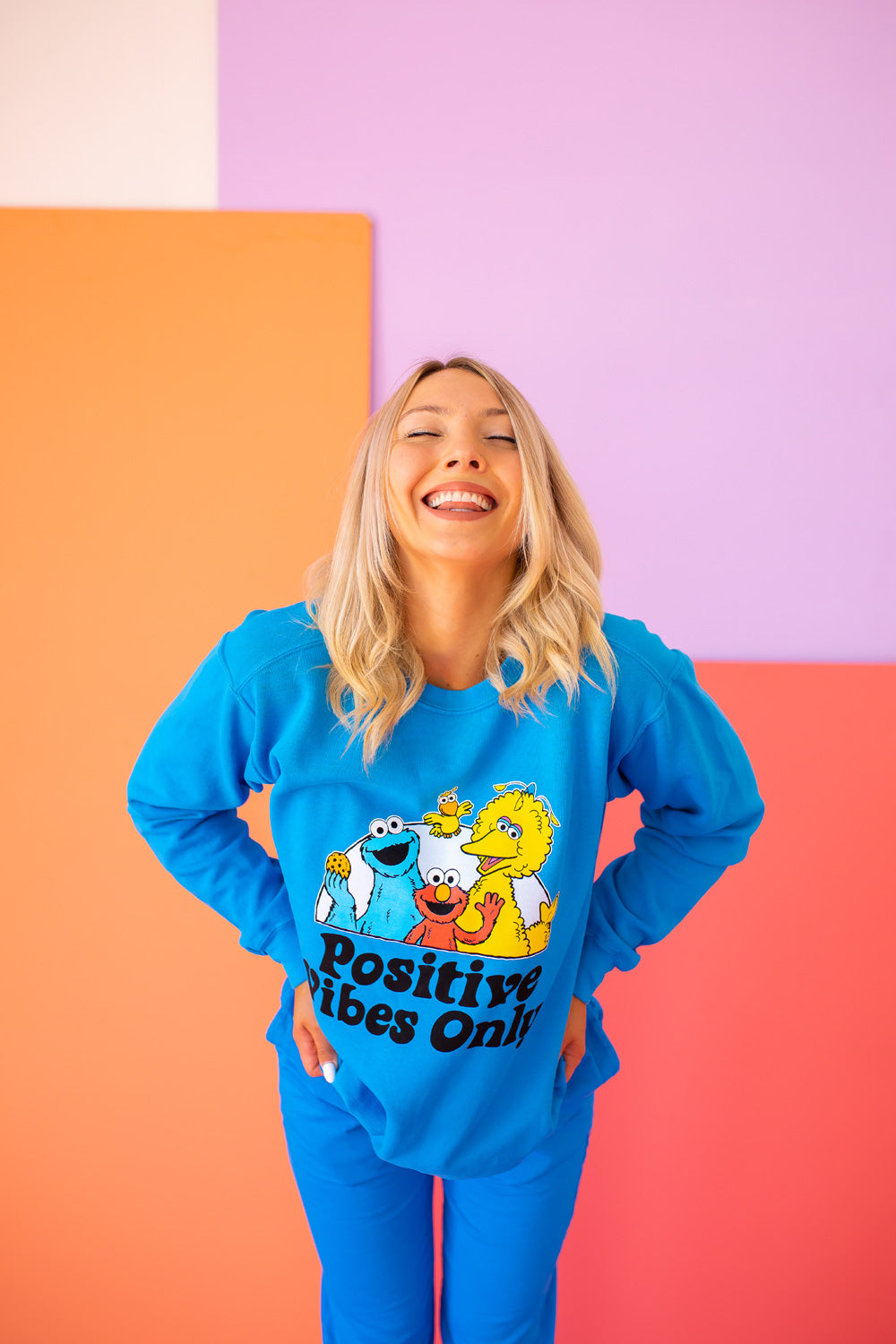 Positive Vibes Sesame Street Womens Sweatshirt Blue